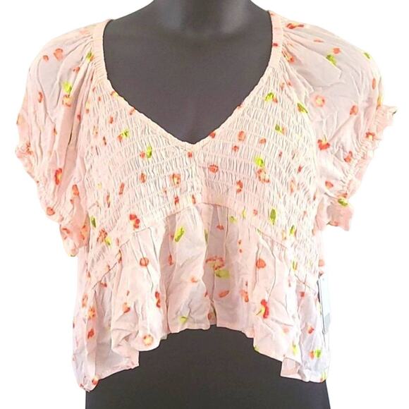 NWT BP Women’s Pink Floral Babydoll Shirred Crop Top Blouse Size 1X - Picture 2 of 9